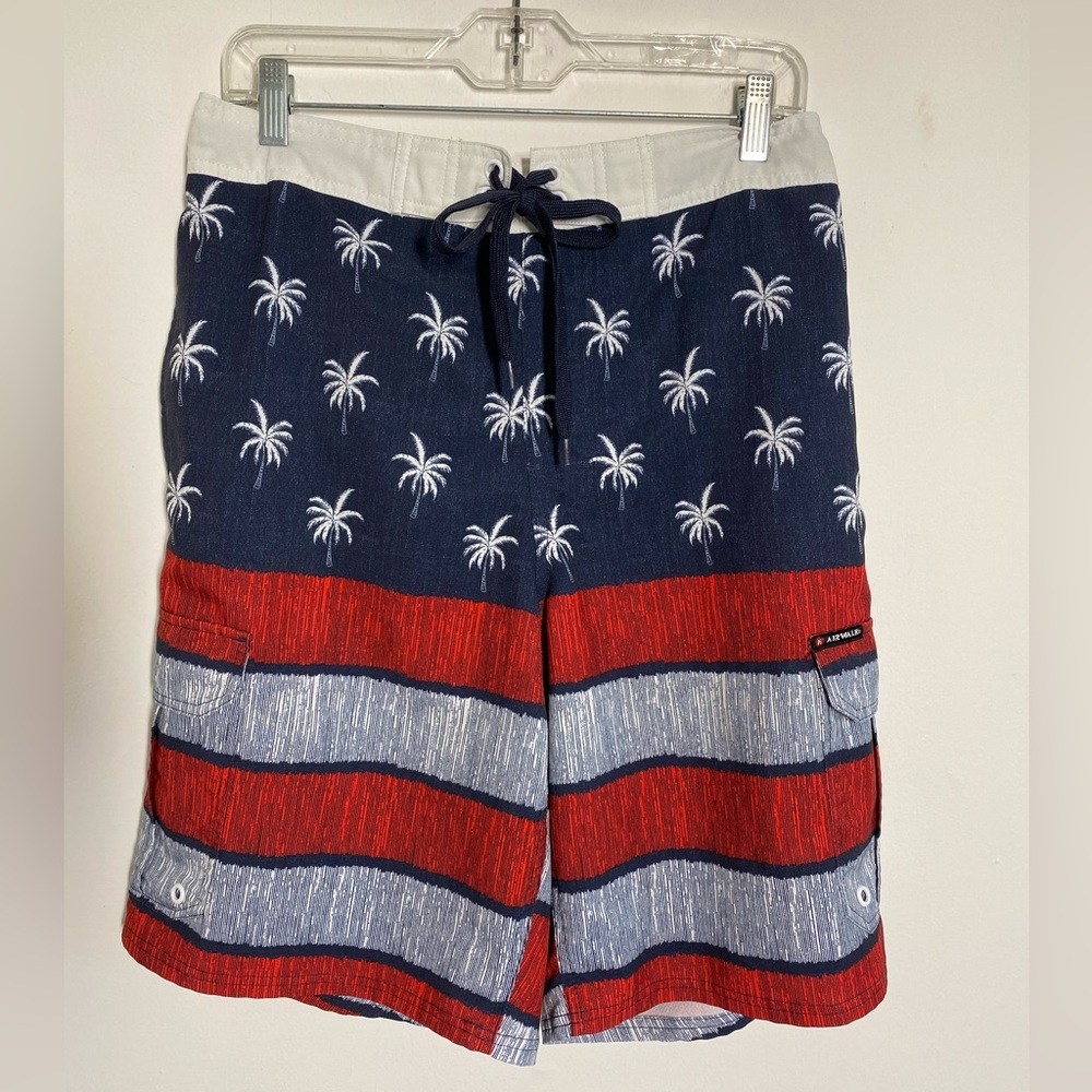 Airwalk Size Medium Patriotic Red White Blue Palm Tree Striped Swim Trunks